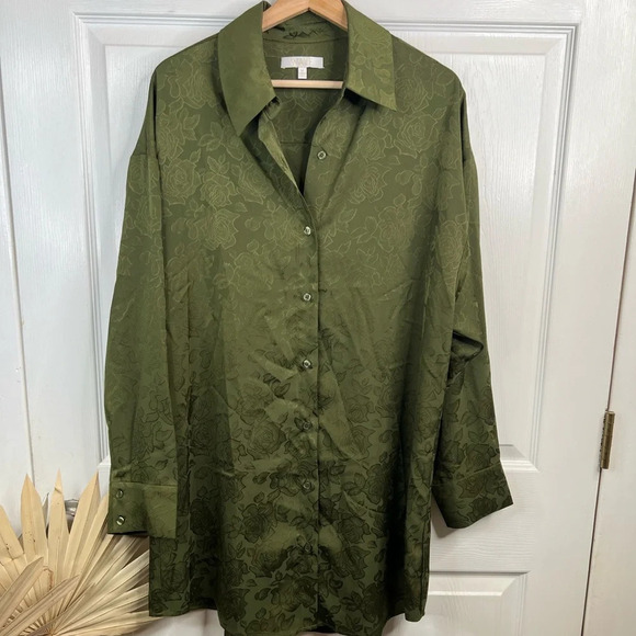 WAYF Women's Olive Green Floral Ex Boyfriend Shirt Button-Up Long Sleeve Size M - Picture 2 of 14
